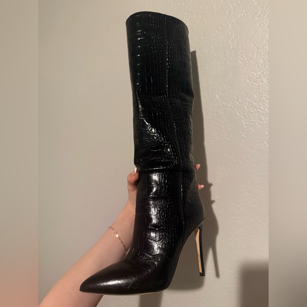 PARIS TEXAS Size 37.5 Embossed Crocodile Stiletto Boots Croco Black Leather Heel - Picture 6 of 9